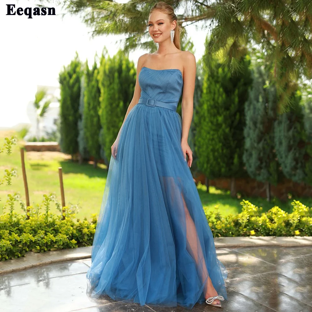 

Eeqasn Classic Teal Tulle Women Formal Prom Gowns Side Slit Long Evening Party Dresses With Belt Wedding Guest Dress Plus Size