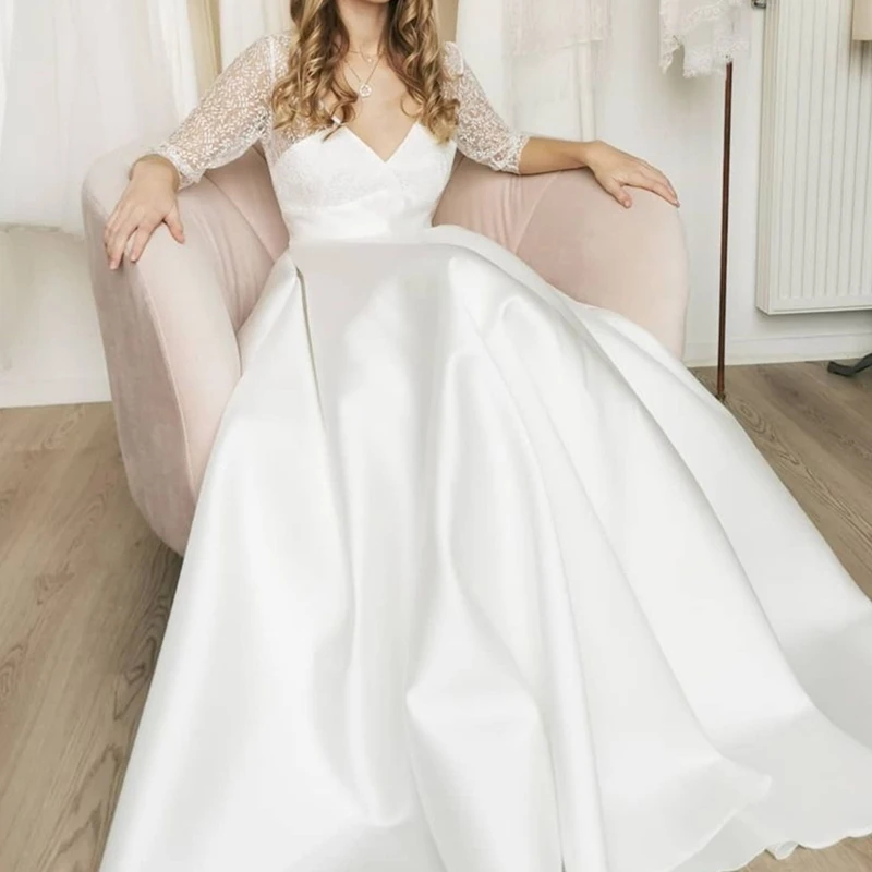 Linha a vestido de casamento meia manga simples cetim até o chão renda apliques vestidos de noiva v-neck elegante para mulher senhora encantadora