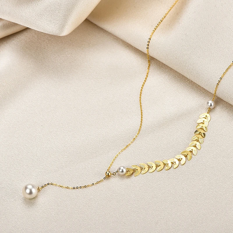 

NYMPH Fine Jewelry Genuine 18K Gold Necklace Natural freshwater pearl Pendant Real AU750 Tassel Chain for Women Wedding D511