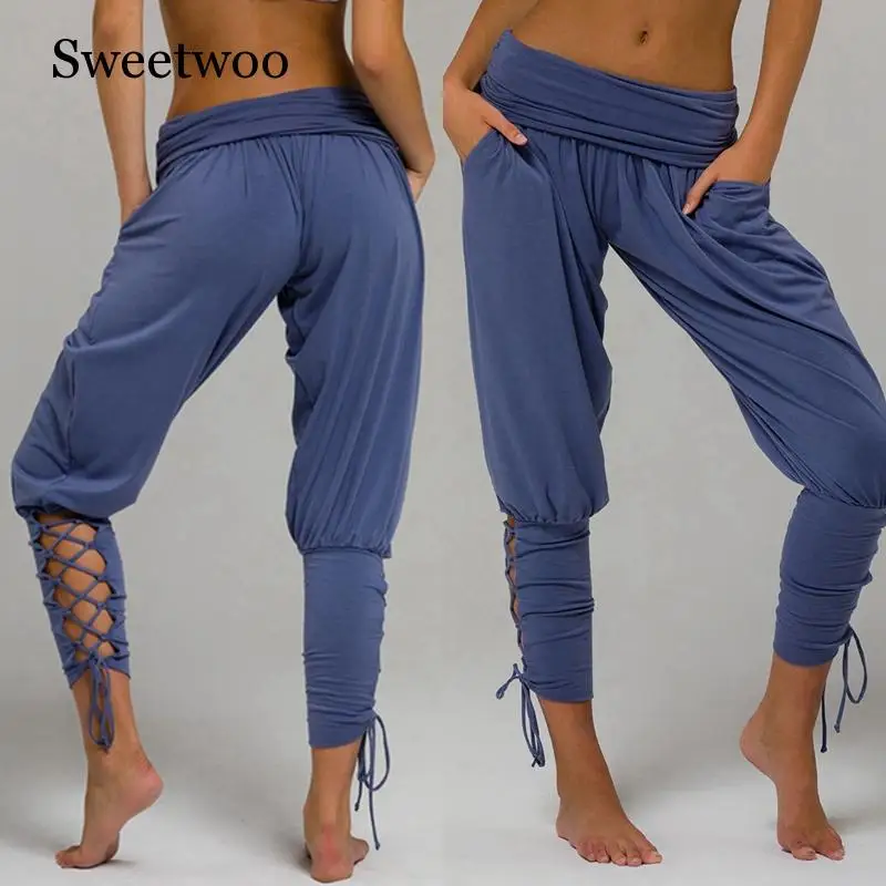 2019 Yoga Pilates Pants Women Soft Solid Lace Up Jogger Harem Pants Gym Fitness Loose Bandage High Waist Pocketed Pant