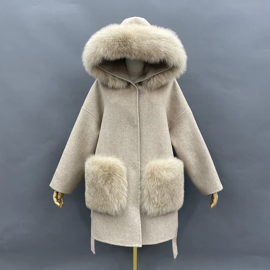 MISSJANEFUR Cashmere Coat Women Fashion Caual Fur Trim Hood Wool Jacket With Big Fox Fur Pockets Loose Belted Coat Women