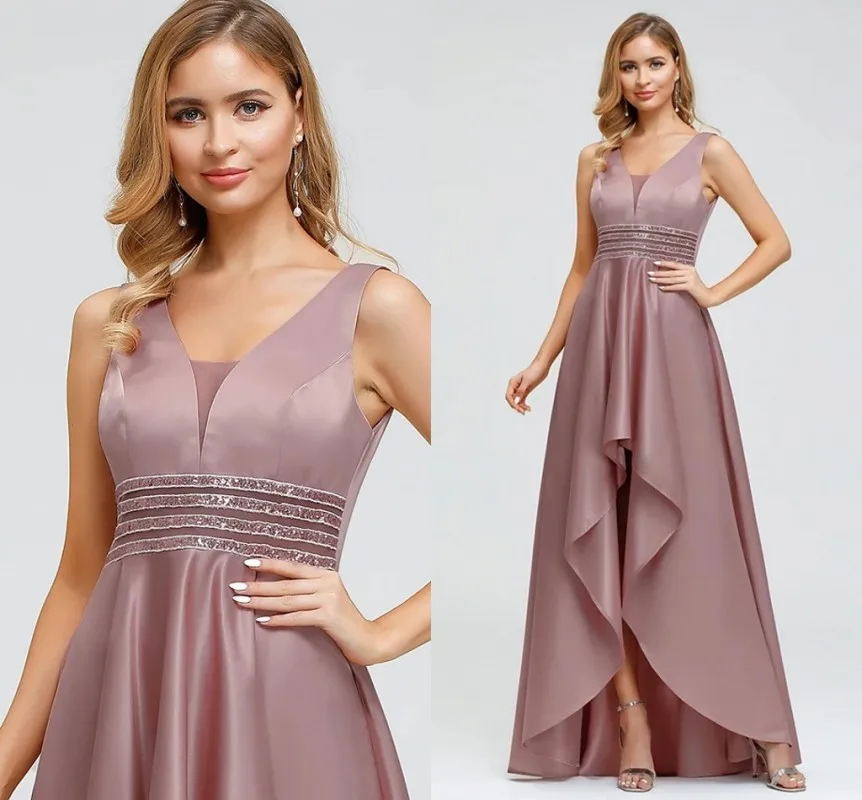 

High Low Cocktail Party Dress 2021 V Neck Sleeveless Asymmetrical Sequin Sash Homecoming Gown Robe De Soriee