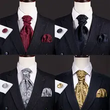 Barry.Wang Men's Ascot Cravat Tie Set With Pocket Square & Cufflinks - Paisley Jacquard Silk Floral Necktie, Solid Black, One Size