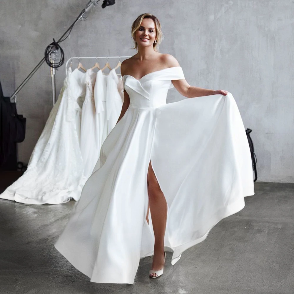 Off Shoulder Satin High Split Micro Wedding Dress Simple Ruched Criss Cross Customized Plus Size Sweep Train Corset Bridal Gown