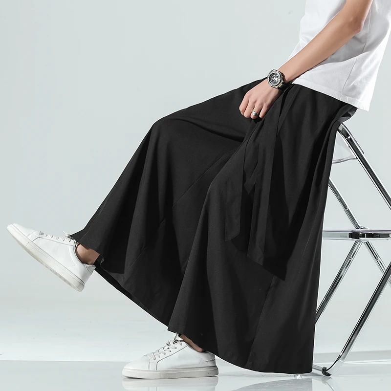 Cozy Black Ice Silk Hakama Kung Fu Pants A Wide Bottom Wushu Kimono Chinese Mens Cotton Wide Pants For Mens East Style Grey