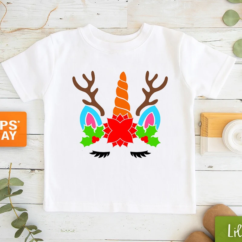 Merry Christmas T-Shirt Kawaii Unicorn Face Antlers T Shirt Kids Clothes Boy Girls Tshirt Short Sleeve T-Shirts 90s Tops