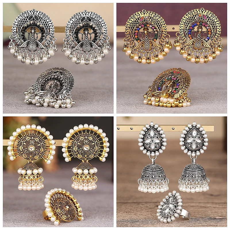 Joyería india de pavo real Retro, pendientes y anillos geométricos étnicos para mujer, perchas, pendientes de perlas étnicas para mujer, joyería Tribal gitana