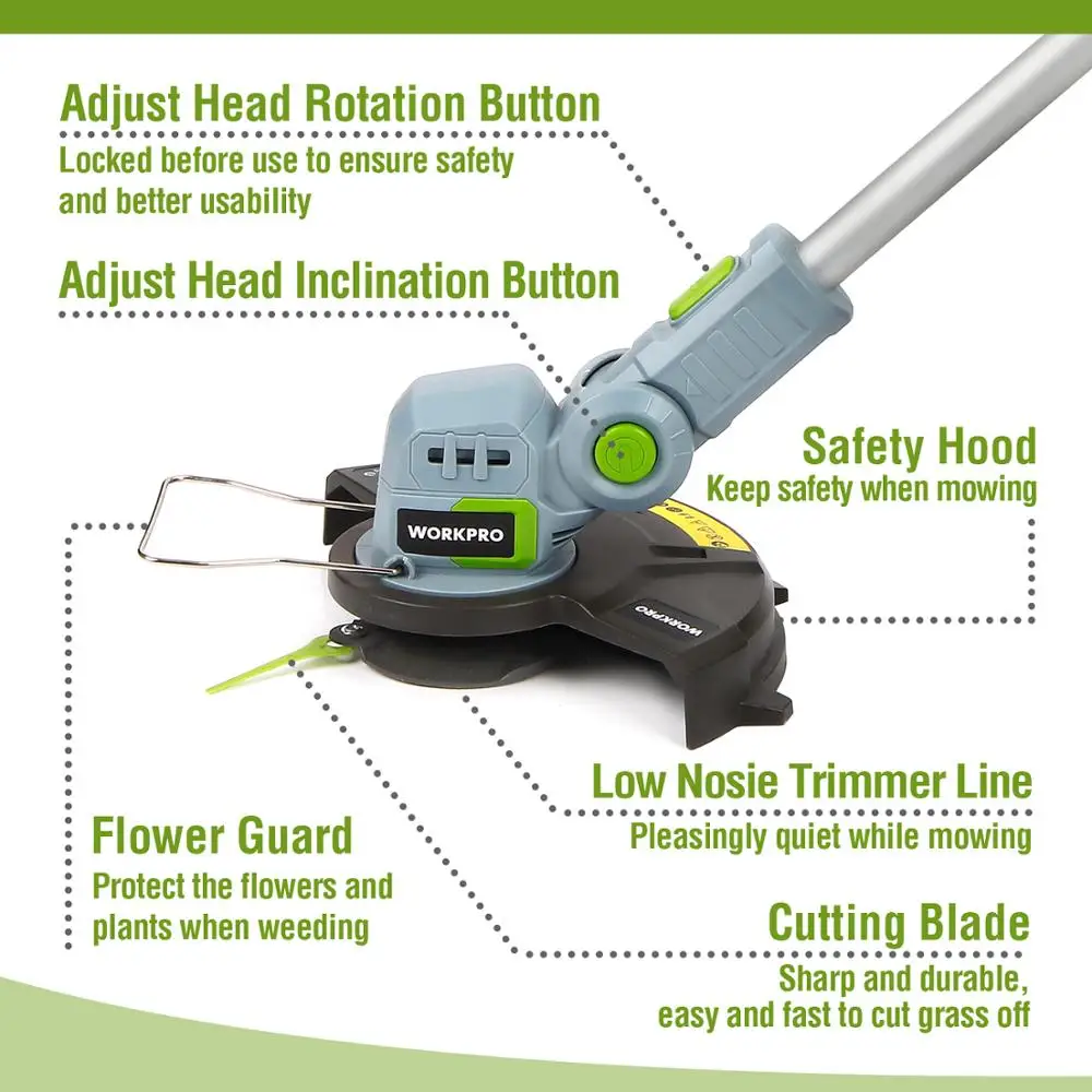 Workpro 20V 12 "Cordless Gras Trimmer Set Elektrische Grasmaaier 2000Mah Li-Ion Auto Release String Cutter Snoeien tuingereedschap
