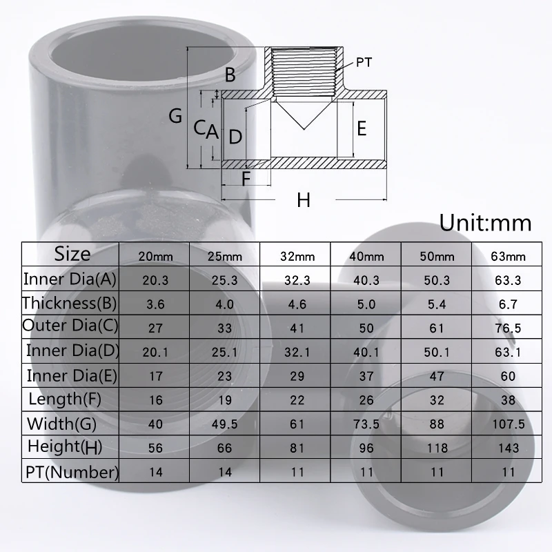 1~10Pcs 20-63mm Hi-quality UPVC Pipe Internal Thread Equal Diameter Tee Connector Garden Irrigation Connector Aquarium Fish Tank