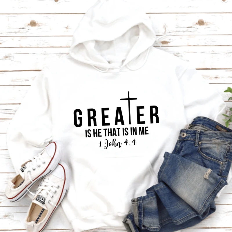 

Greater Is He That Is In Me 1 John 4:4 Hoody Casual Women Long Sleeve Christian Bible Hoodies