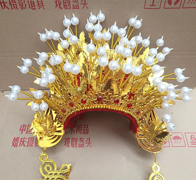 

Golden Wedding Crown Hats For Bride White Ball Opera Headpiece Vintage Chinese Dancer Hat Funny Stage Performance