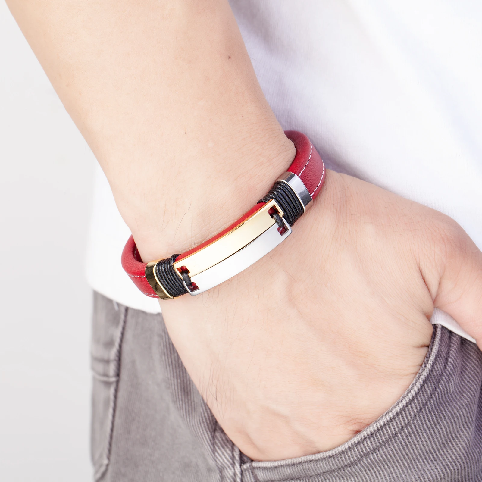 Double Row Glossy Stainless Steel Trendy Cool Jewelry Unisex Couple Punk Bracelet Charm Wide Leather Red Bracelet