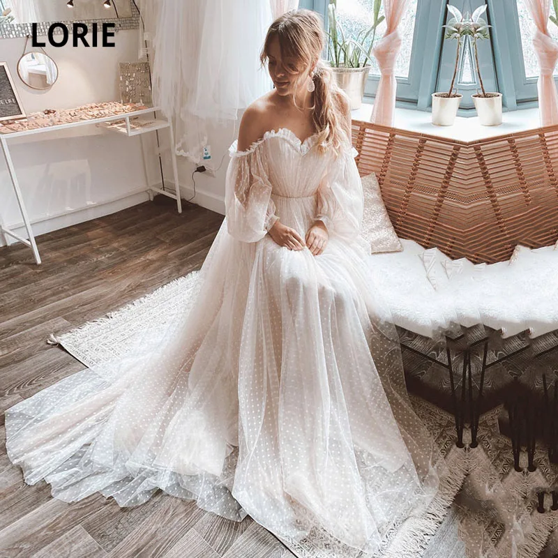 LORIE Romantic Wedding Dresses Bohemian Off Shoulder Polka Dot Puff Sleeves Wedding Gown Beach Bridal Dress 2021 abito da sposa