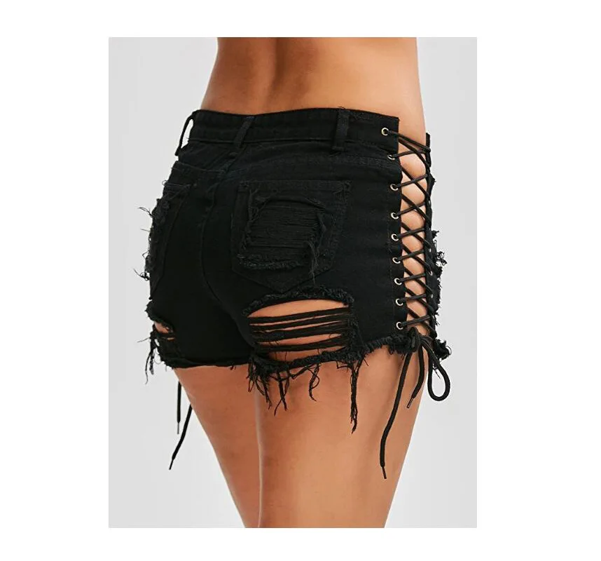 2023 New Sexy Summer Women Denim Shorts Black Blue High Waist Ripped Short Jeans Femme Tassel Lace Up Bandage Hotpants