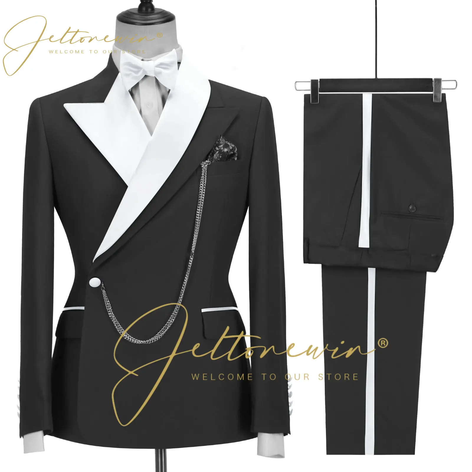 

2022 New Arrival Slim Fit Black Double Breasted Suit White Lapel Men Wedding Suits Groom Tuxedo Terno Prom Party Best Man Blazer