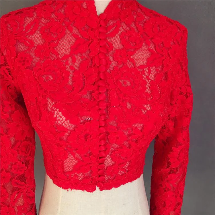 2021 Red Lace Long Sleeve Wedding Bolero High Neck Bridal Wraps for Wedding Party Prom Cheap Ivory Bride Jacket Bolero Shrug