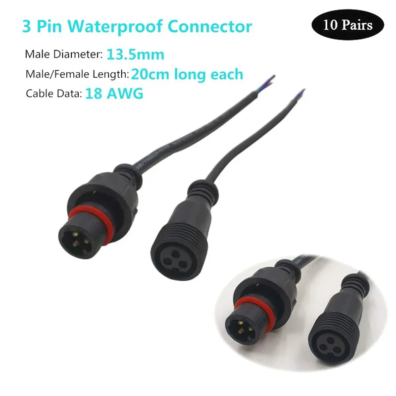 3 Core BLACK Waterproof pigtail,20cm/30cm/50cm long each;male and female;male connector\'s diameter:13.5mm/18.5mm outdoor Ip68