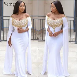 Verngo African White Mermaid Evening Dresses Off the Shoulder Prom Gowns Gold Applique Plus Size Abaya Formal Party Dress