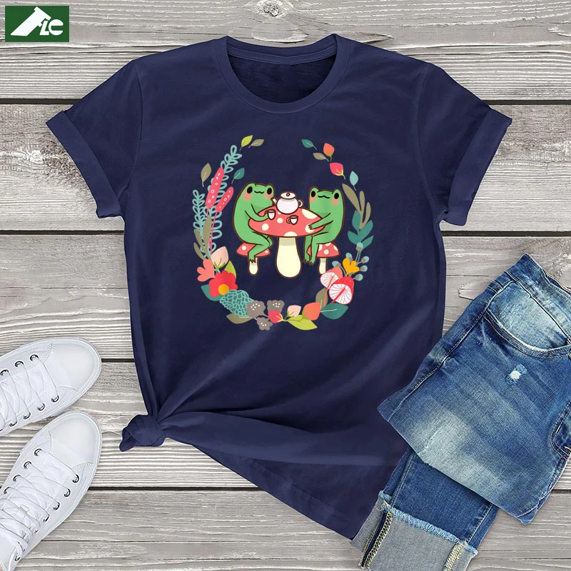 Frogs Drinking Tea Shirt Women Clothing Cartoon Mushroom Tops Cotton Cottagecore Shirts Aesthetic Frog Unisex Women Tee Blouses