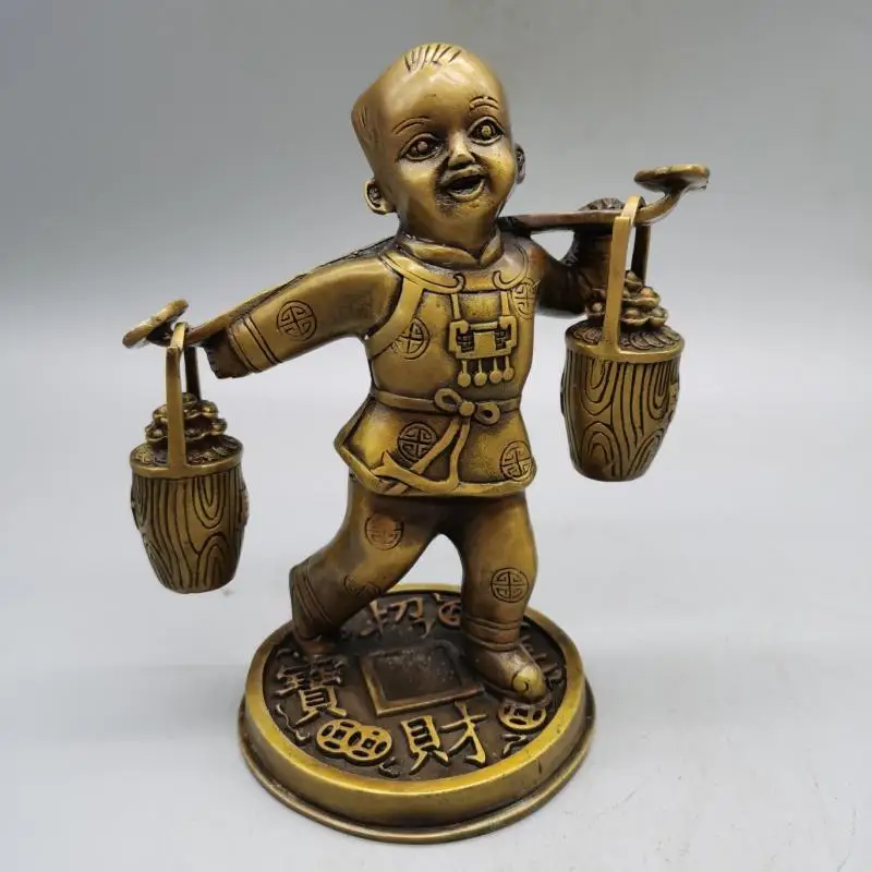 

Collectable Chinese Fengshui Brass Mammon children Wealth Money Carved Boy Kid Ruyi carry a load Yuan Bao Statue art sculpture