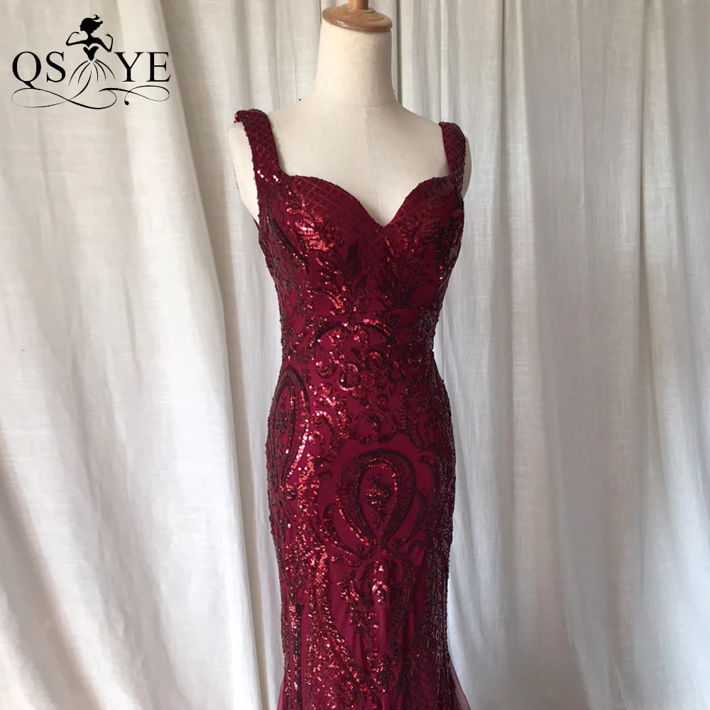 Vestidos de Noche de lentejuelas burdeos, Vestido largo de sirena con tirantes para los hombros, purpurina, patrón elegante, encaje rojo, vestido de fiesta Formal elegante