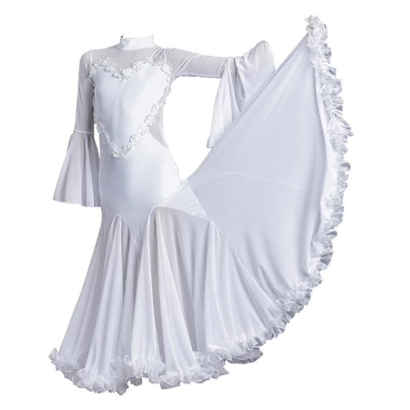 فستان بناتي أبيض طويل الأكمام للرقص ، فستان رقص للأطفال ، سالسا تانجو ، ملابس أداء المسرح ، فالس ، SL6098