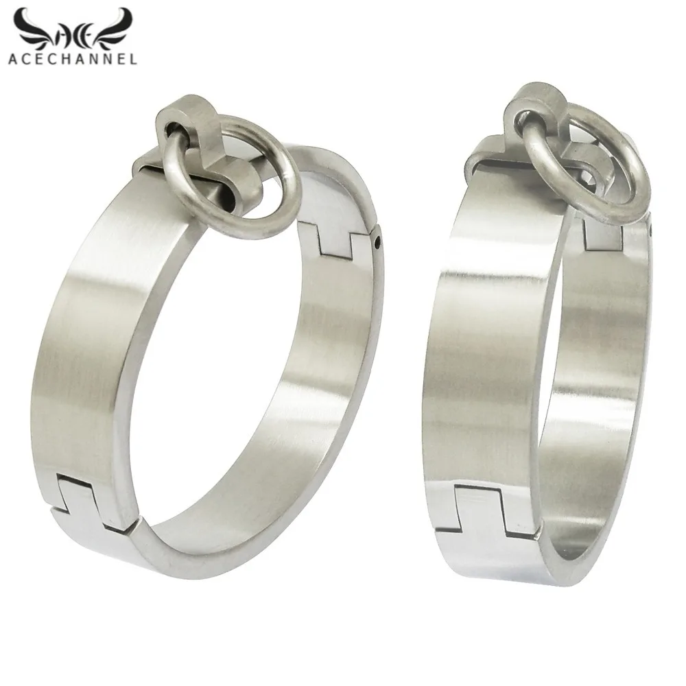 Brushed stainless steel lockable slave wrist and ankle cuffs bangle bracelet with removable O ring