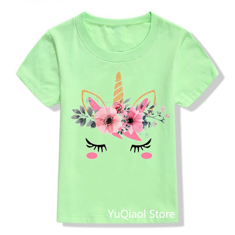 

Cute Floral Unicorn T-Shirt Children'S Clothing for Kids Summer Green Tshirt Baby Girls Clothes Camisetas Custom Tee Wholesale