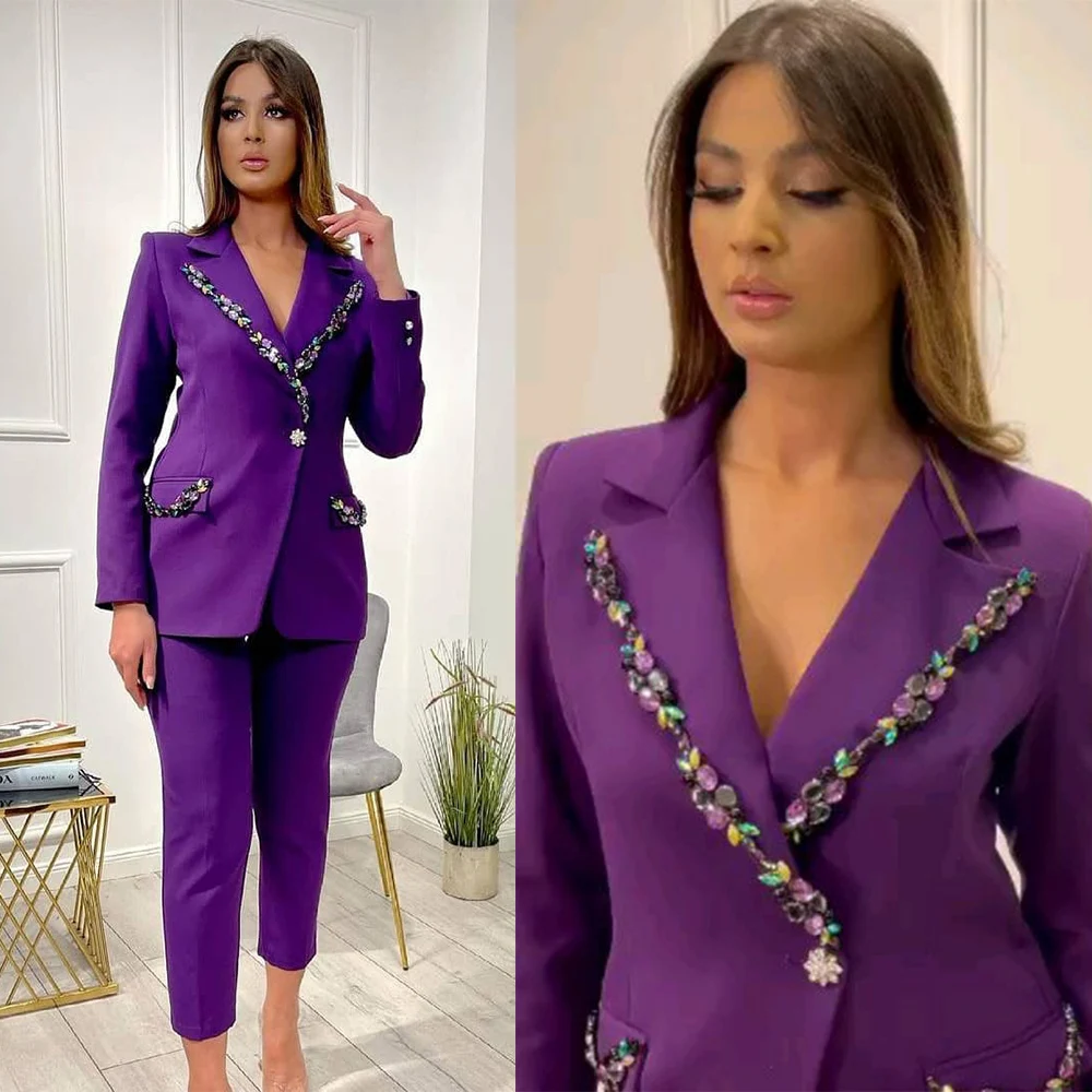 Purple Mother Of The Bride Pant Suits Colorful Crystal Beading Coat Wear Evening Party Women Tuxedos For Wedding (Jacket+Pants)