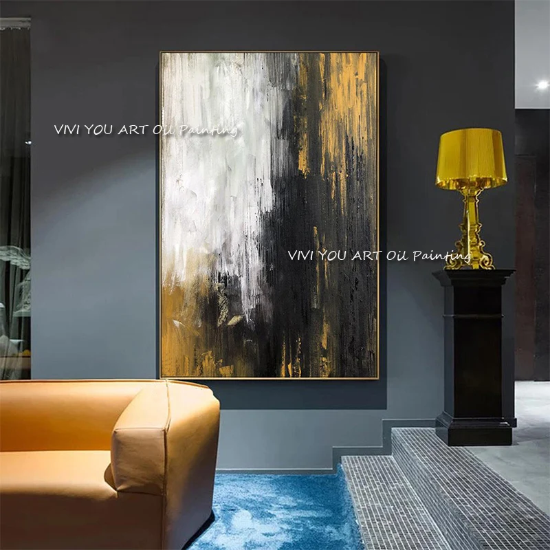 The Gold White Yellow Original Abstract Modern Thick Gray Oil Painting Handpainted Textured Brush Wall Art Drawings Unframed