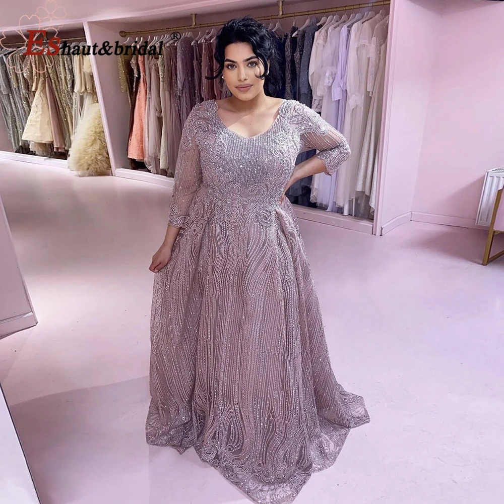 Luxury Crystal Evening Night Dresses for Women 2023 Muslim Full Lace 3/4 Sleeves Aline V Neck Formal Wedding Prom Party Gowns