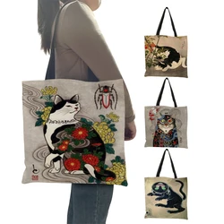 Japanese Custom Cat Print Women Shopping Bag Ladies Causal Shoulder Bag Large Capacity Grocery Supermarket Totes