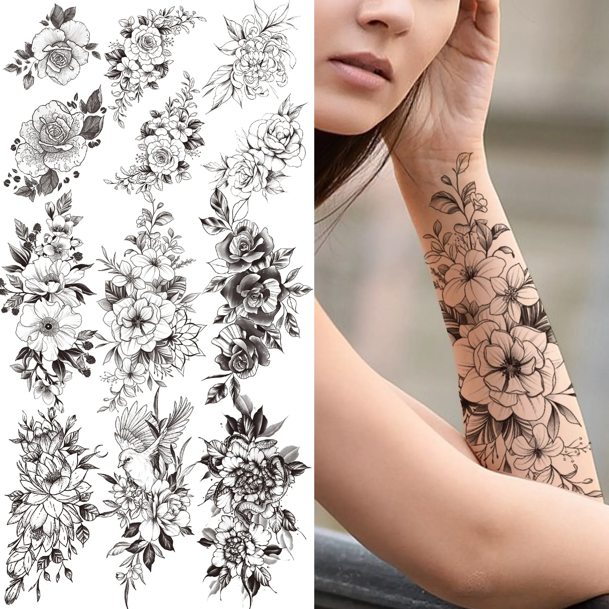 

Sexy Flower Temporary Tattoo For Women Girl Adult Peony Black Rose Tattoos Sticker Fake Bird Sweatpea Leaves Tatoos Body Art Arm