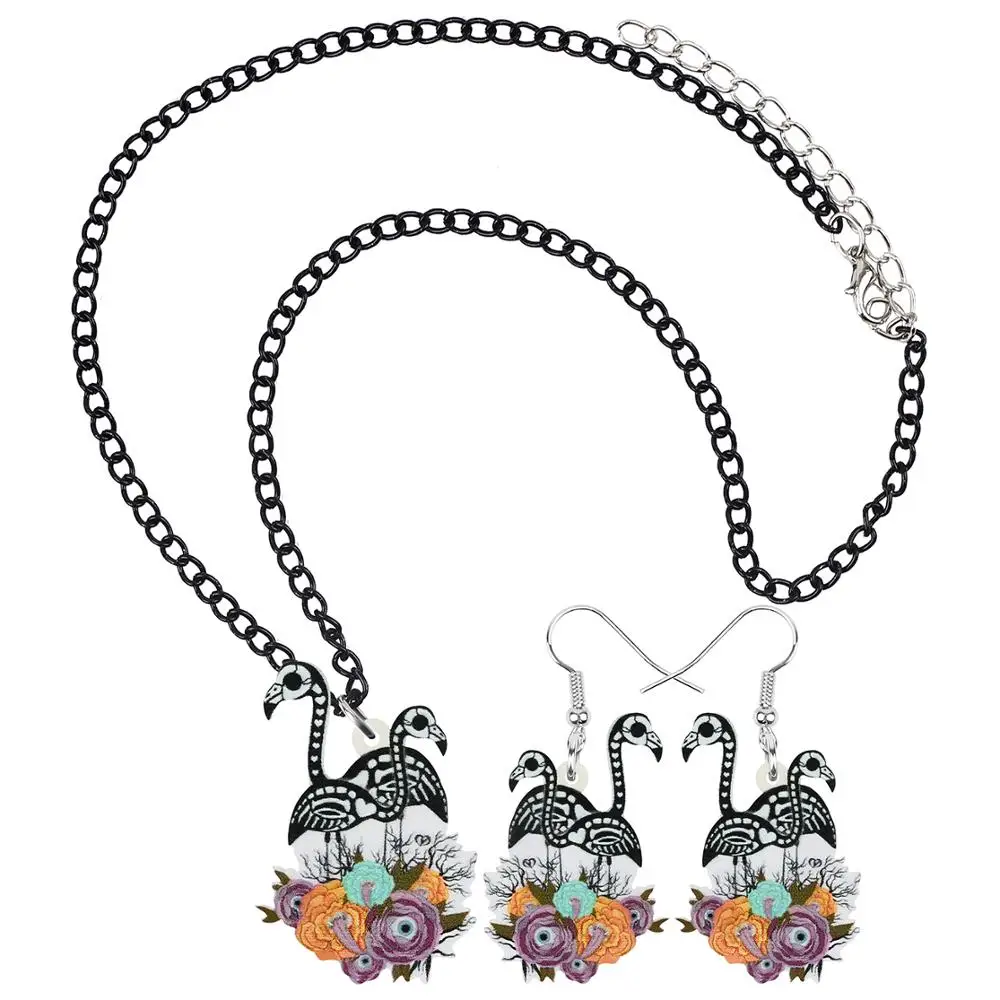 Bonsny Acryl Halloween Bloem Flamingo Skull Eyeball Sieraden Sets Festival Oorbellen Ketting Voor Vrouwen Kinderen Tieners Gift Charms