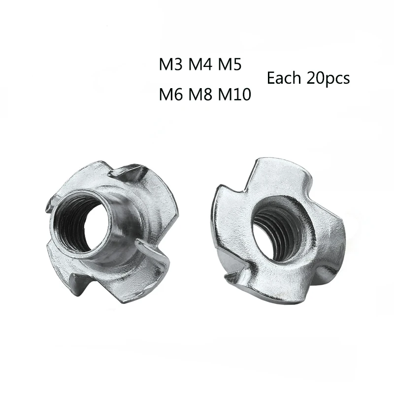 

T-nut Four Claws Nut 120Pcs Zinc Plated M3 M4 M5 M6 M8 M10 Four Speaker Nut Blind Pronged Tee Nut Furniture Hardware Parts