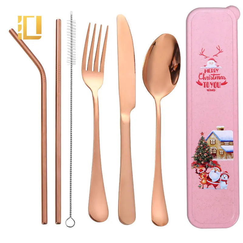 

4/6Pcs Portable Cutlery Set Stainless Steel Outdoor Travel Camping Tableware Set Knife Fork Spoon Straws Christmas Decorate Box