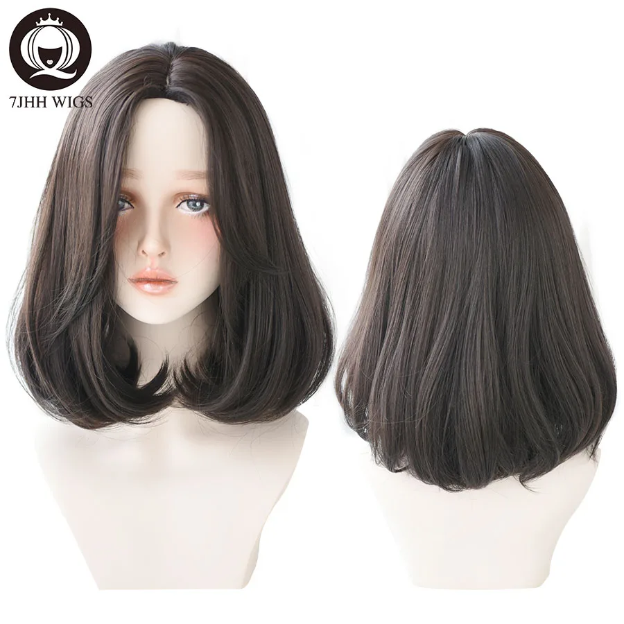 7JHH WIGS Short Middle Part Ombre Blonde Wig For Women High Density Synthetic Straight Bob Wig with Bangs Beginner Friendly