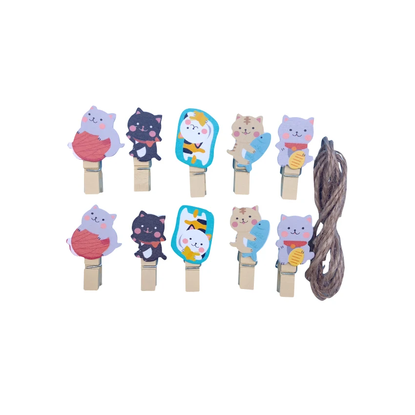 10pcs/lot Lovely Lucky Cat Wooden Clips With Hemp Rope Mini Wooden Clips For Photo Clips Clothespin Craft Decoration Clips Pegs