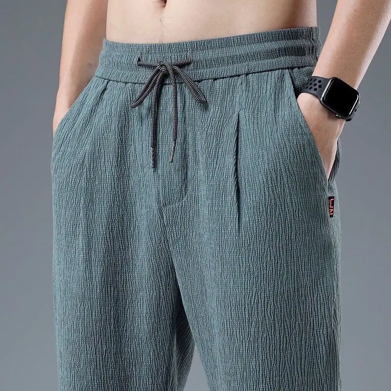 Summer Ice Silk Man Jogger Linen Pants Casual Wide Summer Sweatpants Male Spring Lightweight Halking Harem Trousers