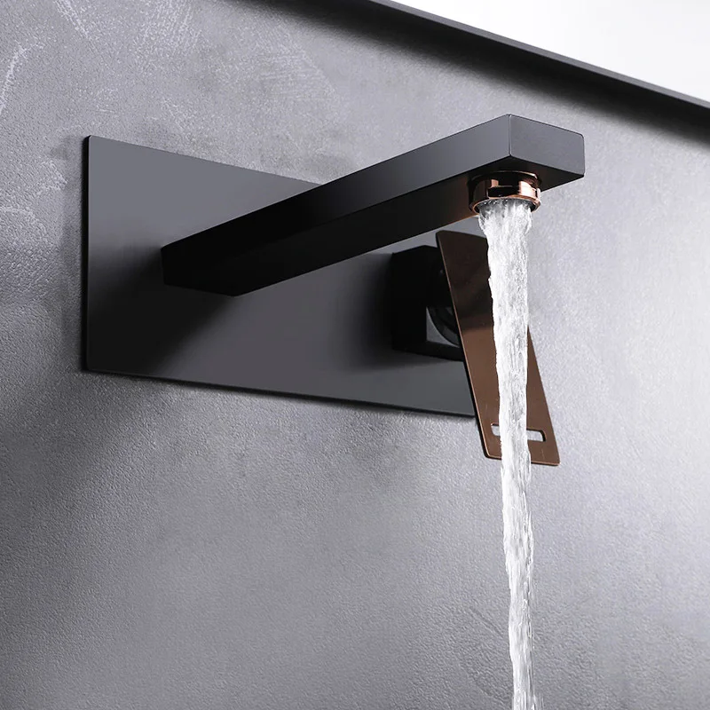 Rose Gold And Black Square Wall Mounted Brass Cold And Hot Water Mixer Tap Bathroom Basin Sink Faucet With Embedded Box