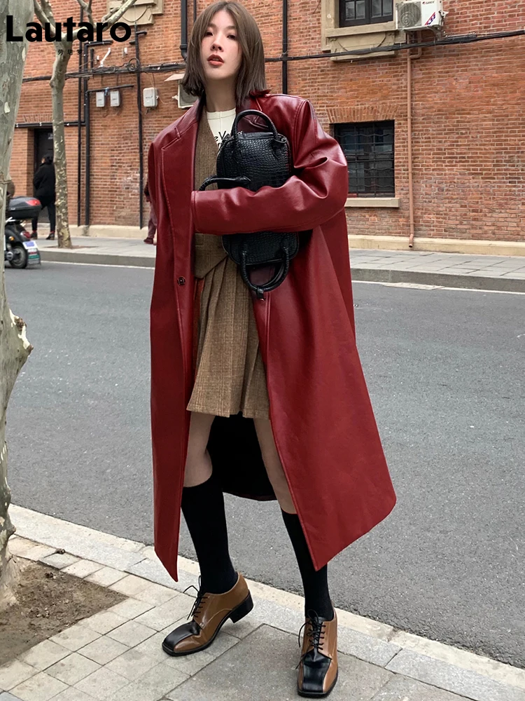 Lautaro-Wine Red Leather Trench Coat for Women, Long Sleeve, Lapel, Loose, Casual Stylish, Oversized, Korean Fashion, Autumn