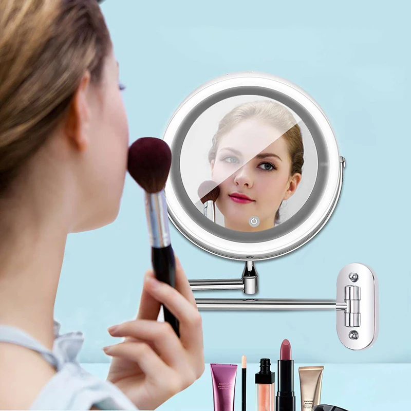 LED Magnifying Bathroom Mirrors Quality Brass Round Chrome Female Makeup Mirrors Wall Mounted Double Face Chrome Bathroom Mirror