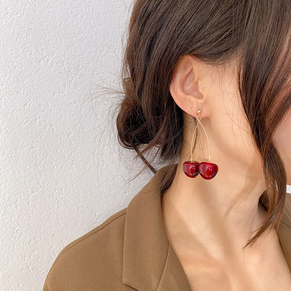 Fashion Red Cherry Drop Earring Sweet Fruit Long Earrings for Women Lady Gift Retro Jewelry Simulation Cherry Dangle Earring