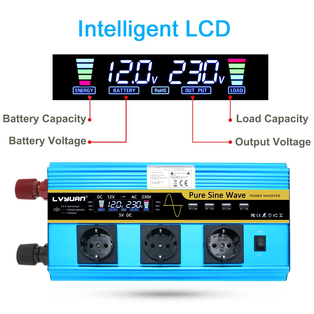 Imagem -04 - Inversor de Onda Senoidal Pura com Display Lcd Conversor de Display de Tensão Controle Remoto Soquete ue Múltipla 4000w 6000w 8000w dc 12v 24v 220v ca 230v