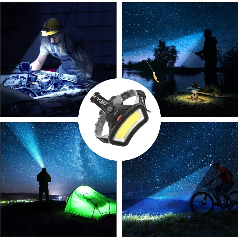 Powerful COB Headlamp USB Rechargeable Wide Beam Headlight Waterproof Fishing Red Head Flashlight by 18650 Battery