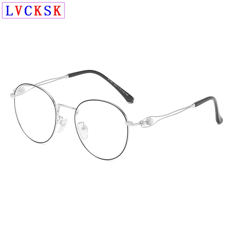 Retro literary Women Round Transparnet glasses frame Diamond Hollow Out Temple female Clear Glass metal Spectacles frames N5