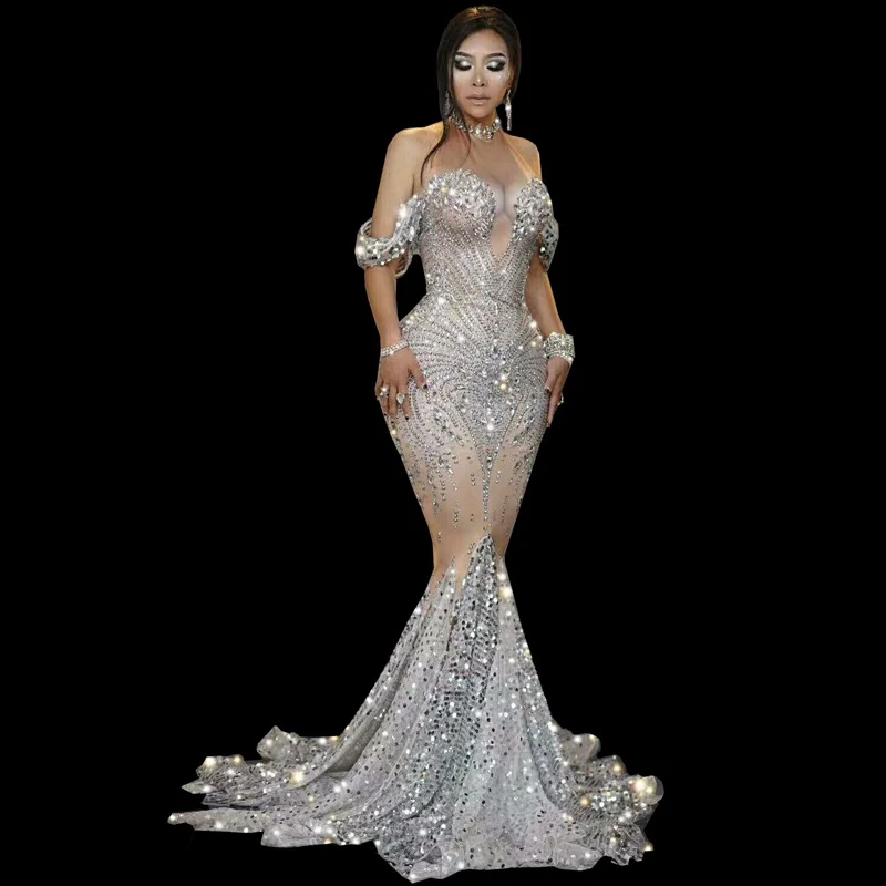 

Flashing Silver Rhinestones Sequined Floor Length Dress Women Birthday Prom Celebrate Outfit Evening Women Long Big Tail Dress