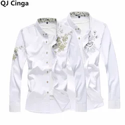 Camisa blanca estampada de manga larga para hombre, camisas informales de moda, Top de fiesta de boda, Camisa negra y azul, talla asiática M-7xl