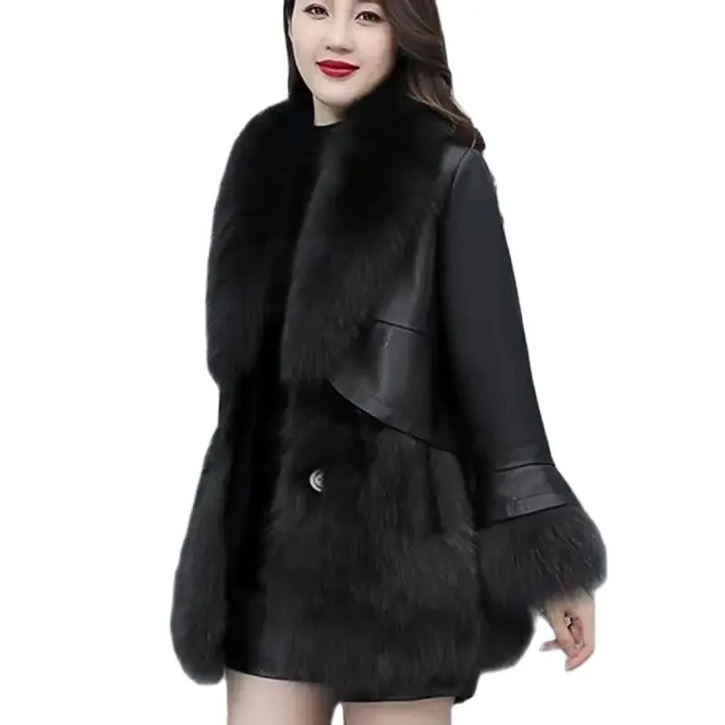 

2024 Winter New Imitate Skin Grass Ladies Jacket Mid-Length Slim Imitate Fox Fur Splicing Big Fur Collar Female PU Leather Coat