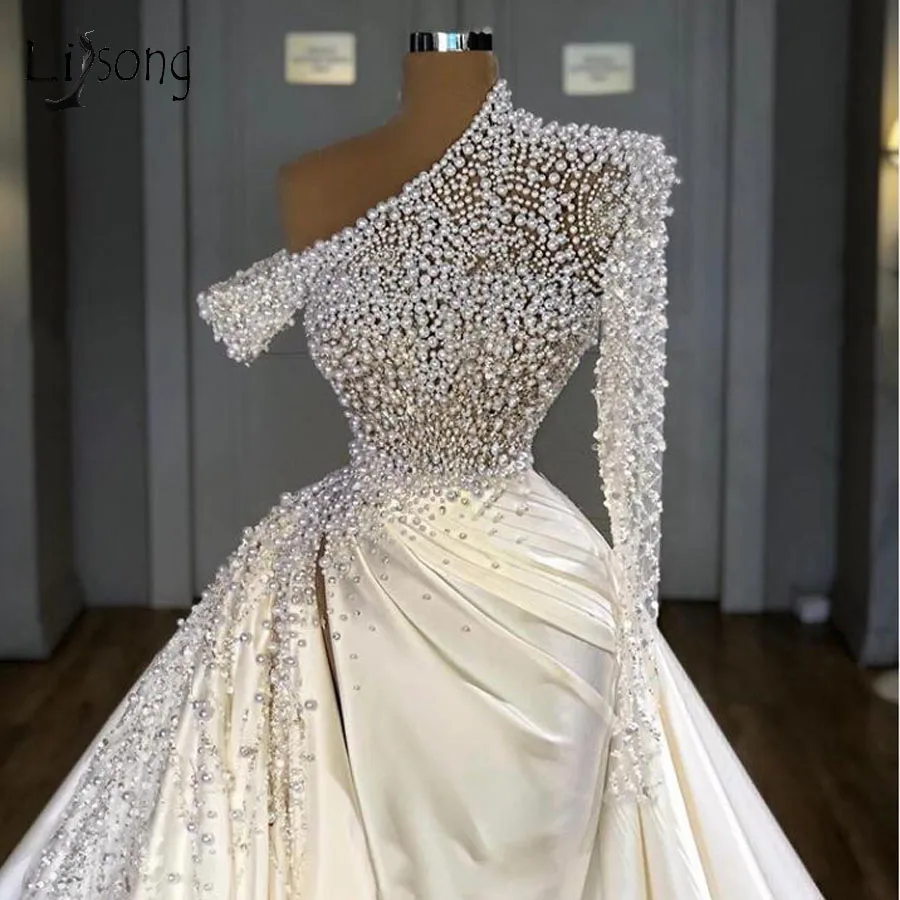 Robes de mariée sirène en perles de Dubaï, une initiée, patients en cristal perlé, quoi que ce soit avec poignées amovibles, robe de mariée fendue vintage